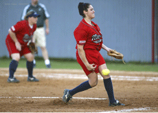 Dione Meier, former Nicholls softball pitcher and part of the Canadian National Softball Team, pitches during a game while at Nicholls. She now pitches in the Pan American Tournament, World University Games and the USA World Cup.