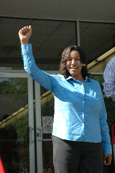 Olinda Ricard, business management senior from Kileen, Texas, celebrates in front of Bollinger Memorial Student Union after she is announced as being re-elected to the SGA president position.