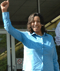 SGA President Olinda Ricard rejoices after the news of her re-election was announced, saying, "Yes, victory is mine." 