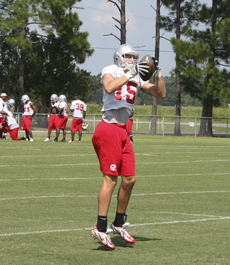 Patrick Gordon receives a pass during practice Aug. 12.