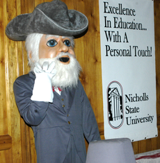 Tillou, retired Nicholls mascot, is on display in Ellender Memorial Library as part of the 60th anniversary display.