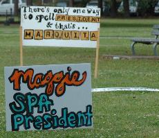 A campaign sign for SPA presidential candidate Maggie Jones was removed without permission from its location in front of the Student Union.