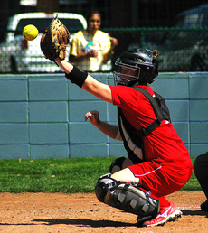 Senior Haley Burkett makes a successful catch Wednesday against Texas State.