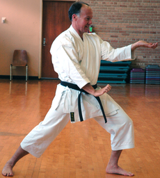 Karate instructor James Ellis does warm-ups before the karate club meeting Tuesday in Shaver Dance Studio.
