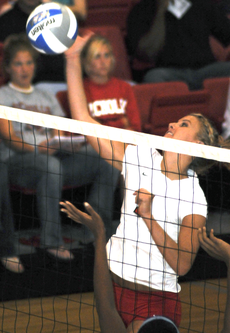 Sophomore right side Rachel Yezak spikes the ball during Tuesdays game against Jackson State.  The Colonels won 3-2.