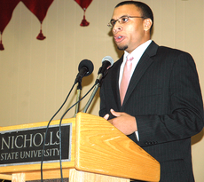 Speech instructor Farren Clark moderates the first speech forum of the school year Sept. 29th in the Student Union's Cotillion Ballroom.