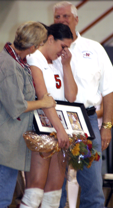 Senior outside hitter Rachel Spreen gets emotional after being honored for her athletic accomplishments before the Nov. 6th game against the University of Texas at San Antonio.