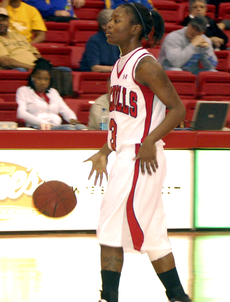 Junior guard Ricshanda Bickham dribbles down the court during the Jan. 27 game against McNeese State.