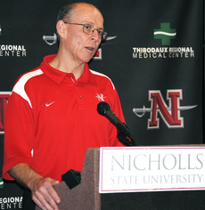 Head football coach Charlie Stubbs describes his plan for the 2010 football season at the National Signing Day press conference last week at the Thibodaux Hampton Inn & Suites.