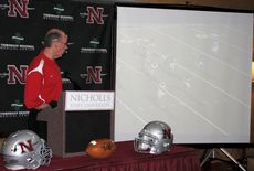 Head football coach Charlie Stubbs shows videos of players who have signed for the 2010 season at the National Signing Day press conference February 3 at the Thibodaux Hampton Inn & Suites.