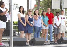 The 2010 Mr. and Ms. Nicholls nominees wait for the winners to be announced Thursday during Crawfish Day.