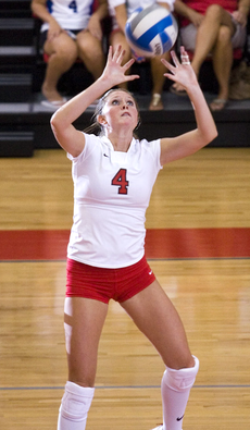 Sophmore setter Nancy Taylor reaches for the ball during last years home game against Southern Mississippi.