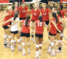 The volleyball team prepares to begin Saturdays game against Southern, which was part of the Nicholls Invitational.