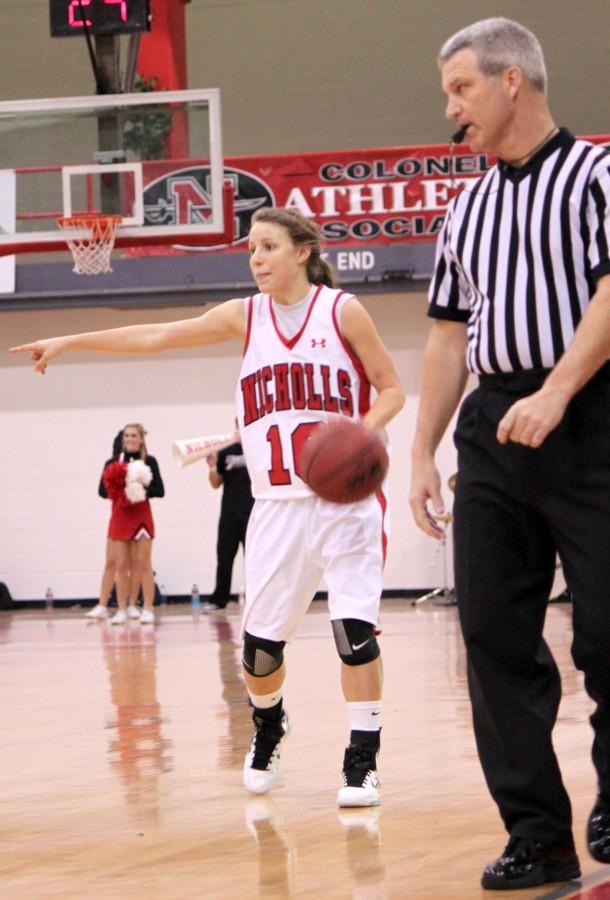 Freshman guard KK Babin looks for an open teammate to pass the ball to during the Jan. 15 game against Sam Houston.