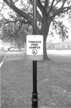 A no- smoking sign is displayed on Acadia Drive. As of January 1, Nicholls has become a tobacco-free campus..