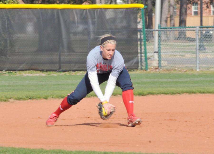 Senior infielder Tori Lay makes a catch during practice on Friday at the softball field.