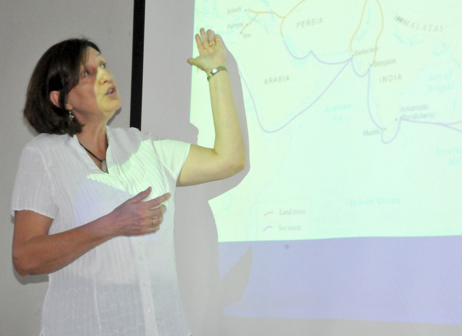 History professor Kathy Dugas explains a historic map of the Middle East during her History 201 class on Monday in Peltier Hall.