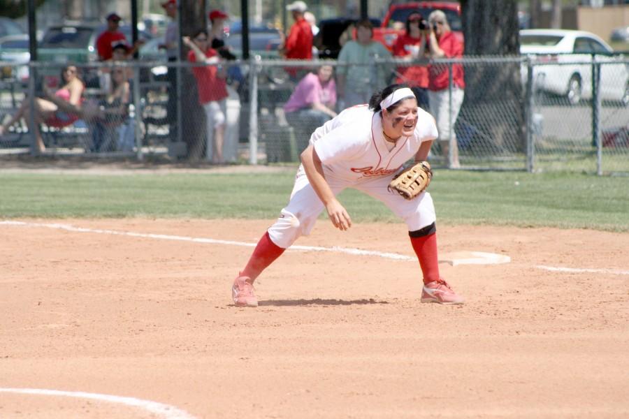 First baseman Mandy Granger waits for the ball during the March 19 doubleheader against Texas A&M-Corpus Christi.