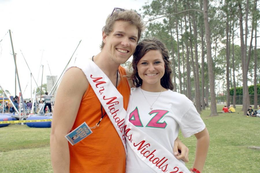 Johnathan Lynch, culinary arts senior from Ruston, and Stephanie Graebert, biology senior from Norco, pose for a photo after being named the 2011 Mr. and Ms. Nicholls last Thursday at Crawfish Day.