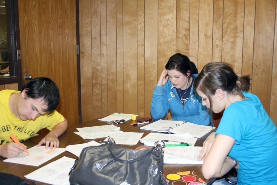 Nursing students study for a test on Monday in Ellender Memorial Library. From left, Shawn Champagne, junior from Bourg; Allyson Fey, junior from Luling; and Nicole Comeaux, junior from Luling.