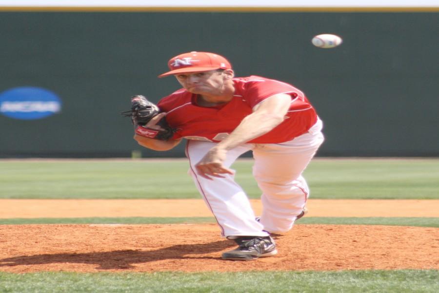 Junior left-handed pitcher Patrick Shreve makes a throw at the April 17 game against Central Arkansas, which was part of a three-day series for the Southland Conference.