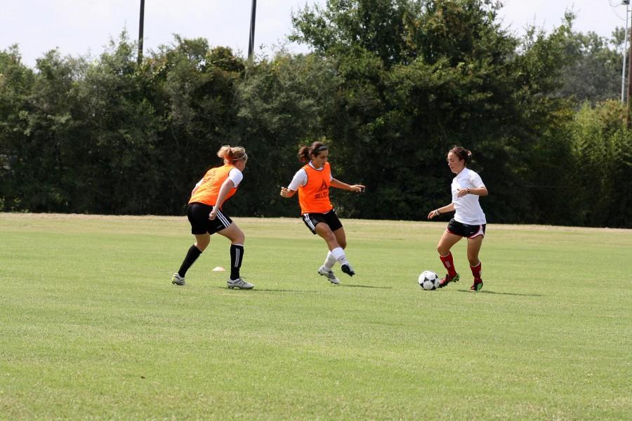 On Friday, Aug. 12th, the women’s soccer team practices for an upcoming game.
