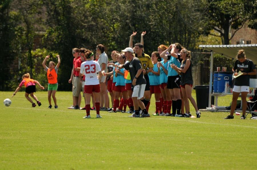 Women%E2%80%99s+soccer+coach++Dylan+Harrison+cheers+along+side+his+team+as+they+take+a+1-0+lead+versus+the+University+of+Louisiana+at+Monroe+Warhawks.