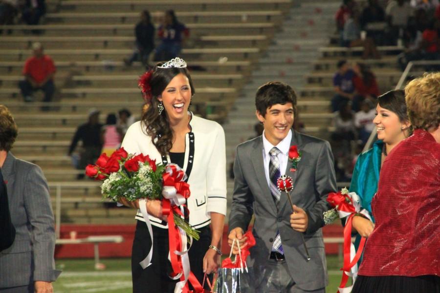 After being crowned homecoming king at halftime on Oct. 22, Tyler Folse, pre-physical therapy senior from Cut Off, celebrates with Hailey Silverii, biology junior from Thibodaux and homecoming queen.