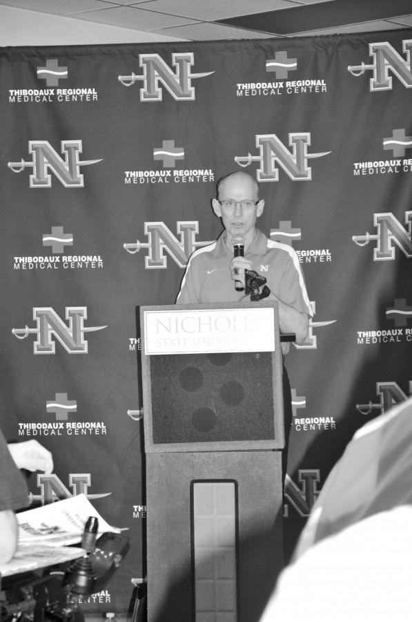 Head football coach Charlie Stubbs announces the new signees for the 2012 season at a press conference held on National Signing Day.