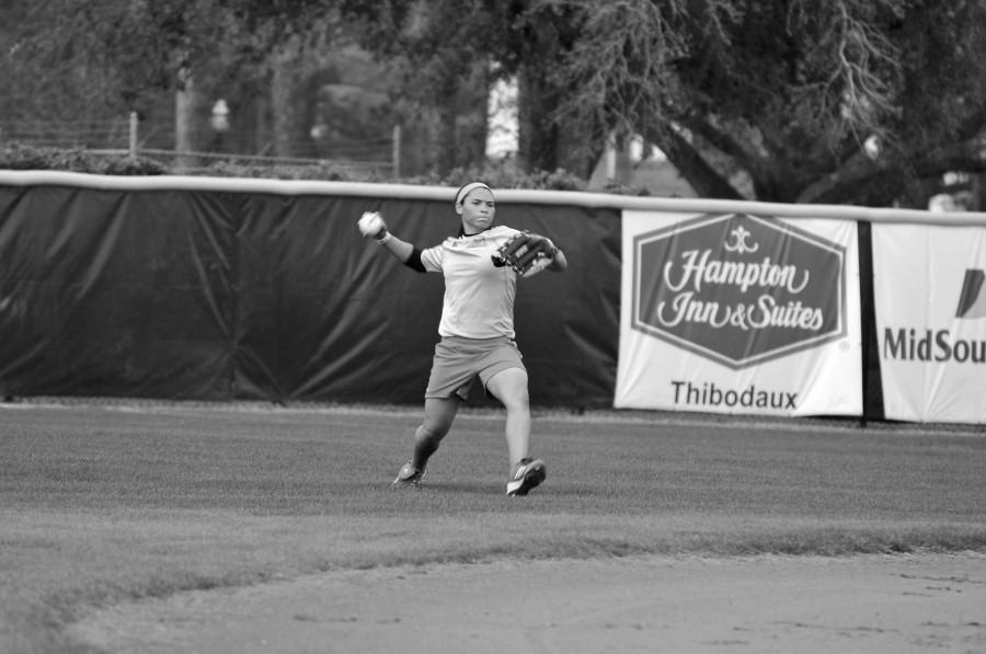 Lauren Jolivette, sophomore outfielder from New Iberia, practices Thursday afternoon.