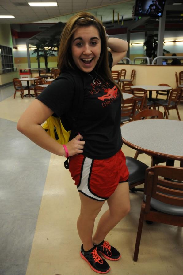 Blair Albarez, freshman from Brusly, shows off her Nike athletic shorts in the Student Union on Monday afternoon.