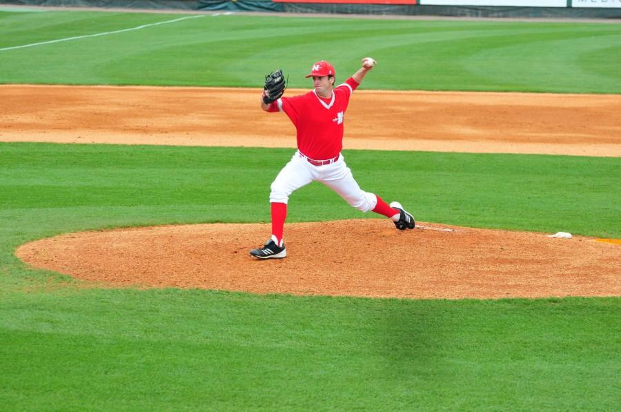 Patrick Shreve, senior left-handed pitcher from Mobile, Ala., pitches the ball during the Feb. 25 game.