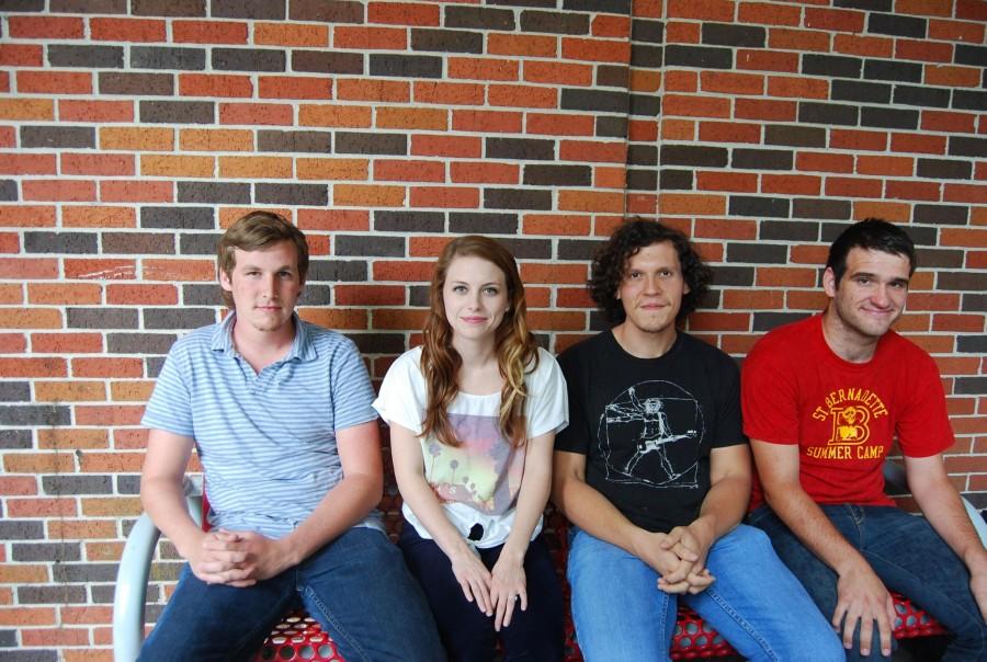 From left, Caleb White, social studies education senior from Bourg, Beth Detiveaux, band vocalist, Kenneth Kreamer, general studies junior from Houma, and Jacob Williams, English junior from Bourg, members of indie rock band Autumn High, hang out in front of the Union Monday, April 16.