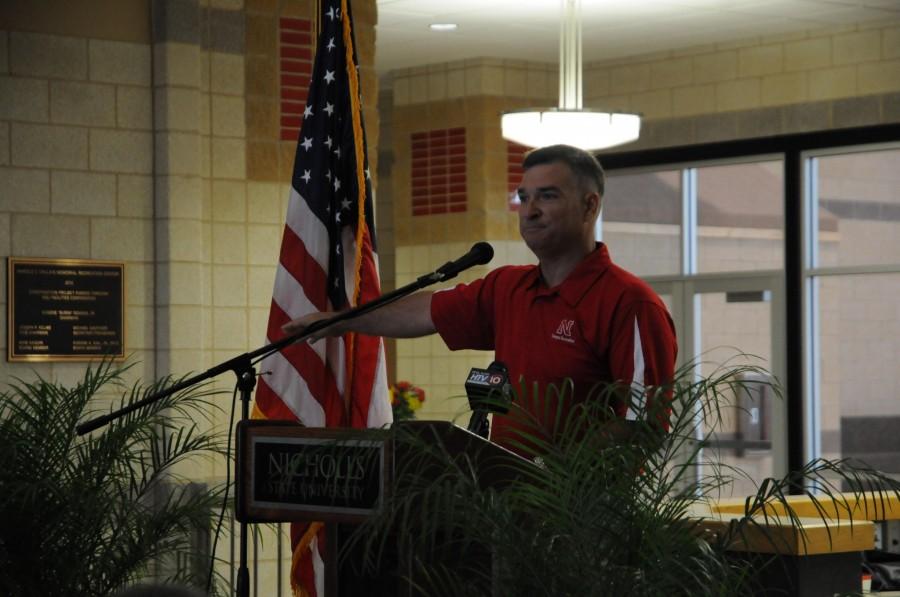 Mike Matherne, director of campus recreation, thanks everyone for the time and effort that was put into the completion of the Harlod J. Callais Recreation Center.