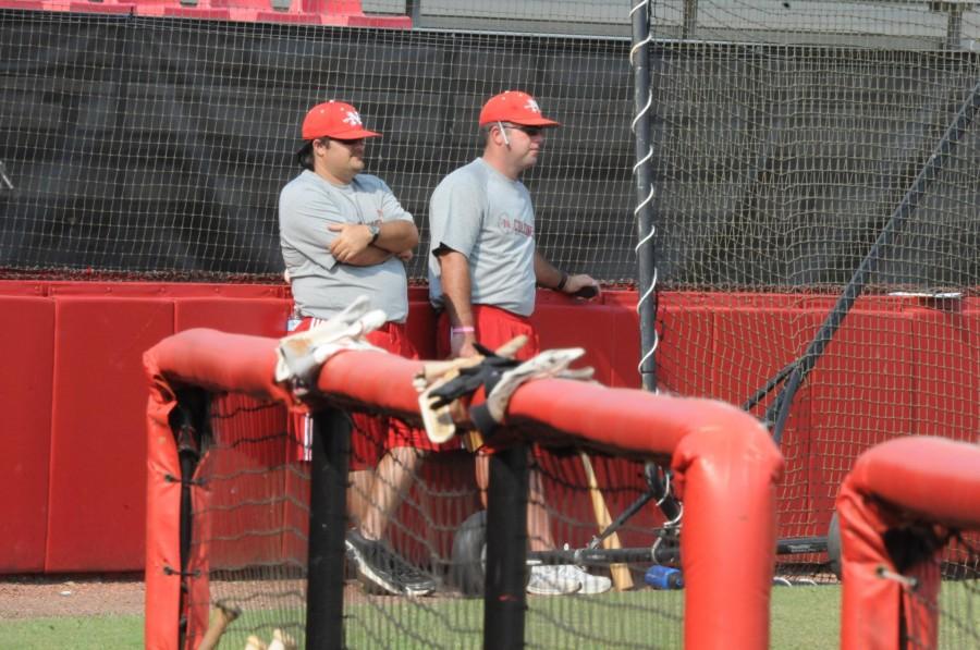 Nicholls+State+baseball+coaches%2C+Gerald+Cassard+and+Chris+Prothro+watch+from+the+sideline+during+the+squads+first+scrimmage.