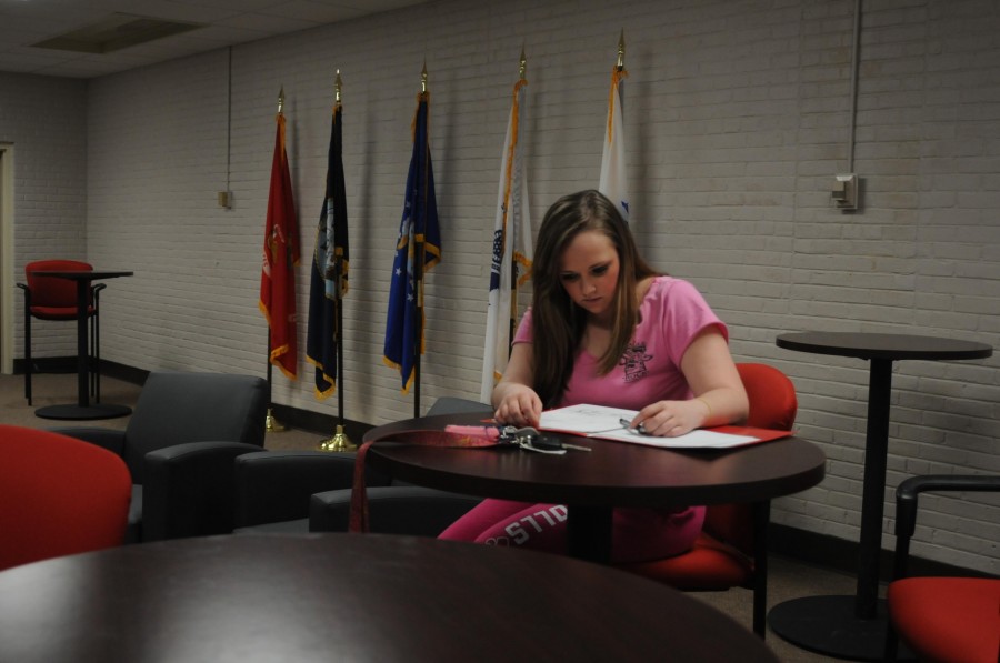 Jenna Rome, nursing sophomore from Orlando, Fl., studies in the veterans lounge in Shaver Gym on Wednesday.