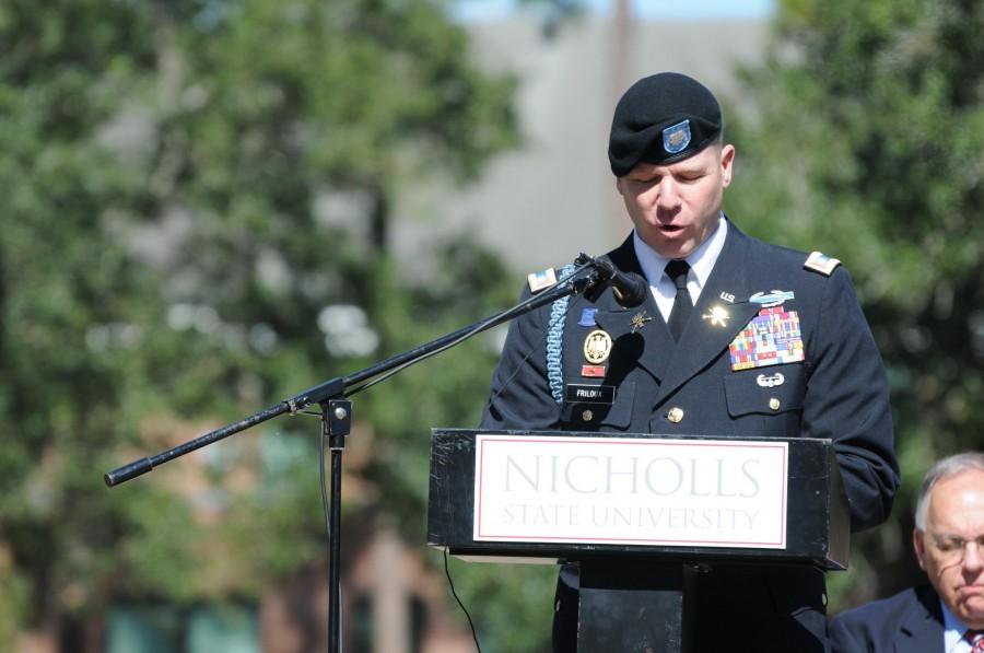 Guest speaker Lt. Colonel Thomas Friloux spoke about his time in the Army National Guard at the Veteran’s Day ceremony held in the Quad on Nov. 9.