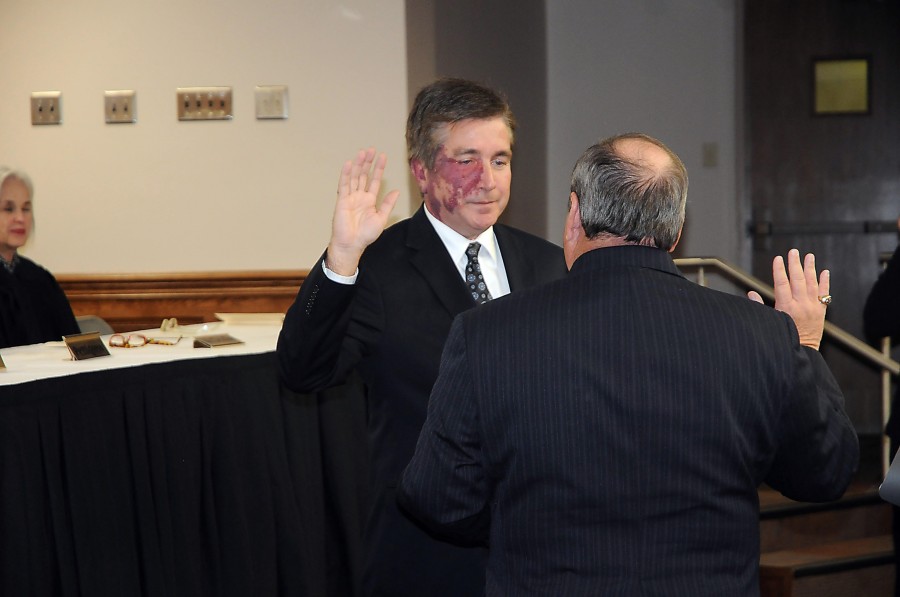 Newly elected judge for the Lousiana Court of Appeals and former University professor Mitch Theriot is sworn in on Jan. 23 in Powell Auditorium.  