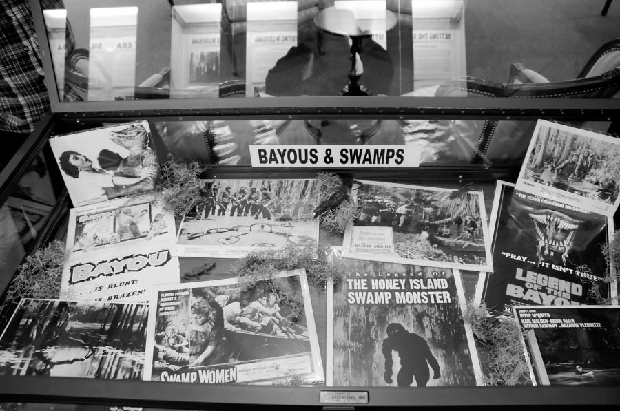 The exhibit also features movie posters for Louisiana films focused on bayous and swamps.