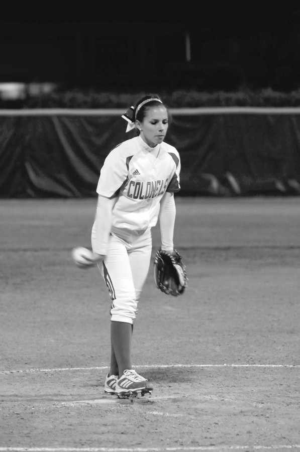 Katie+Moulder%2C+junior+pitcher+from+League+City%2C+Texas%2C+prepares+for+a+pitch+during+the+softball+game+against+South+Alabama+Feb.+20.