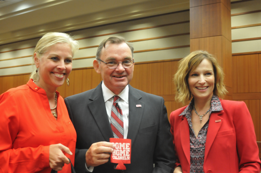 University President Bruce Murphy and Monique Crochet, director of alumni affairs, pose for one of Murphy’s first photographs as Nicholls’ fifth president after being appointed last September.