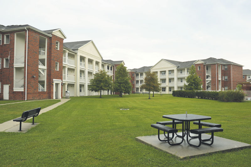 The John A. Brady Residential Complex quadrangle in the afternoon. 
