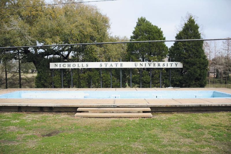 The Nicholls State University fountain before its renovation period begins. The fountain is located by Lafourche Bayou across from Elkins Hall at the front of campus.