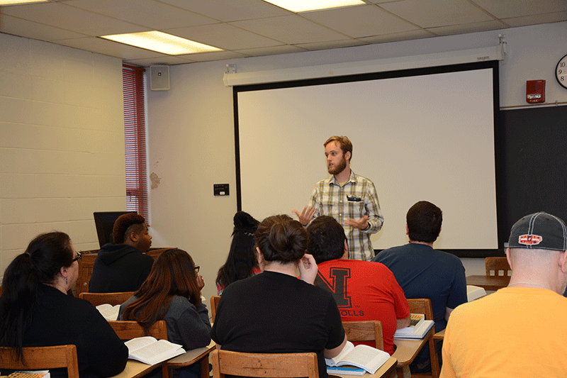 Nicholls professor Nick Mainieri teaches an English class Tuesday afternoon.