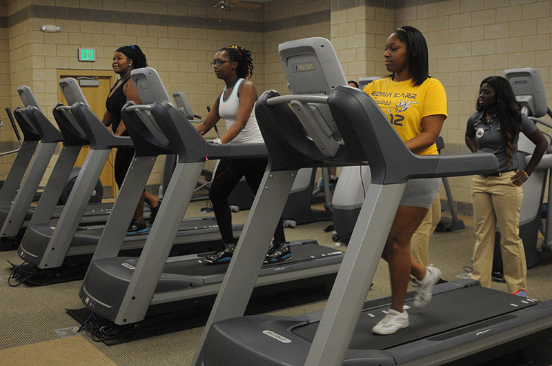 From right to left, Shaquawna Fleming, nursing freshman from New Orleans, Tabatha Gibson, nursing freshman from Laffyette, and Destiny Brownfield, nursing freshman from Franklinton, try out the new tredmills on the first day the new rec center opened, Saturday, Sept. 29, 2012.