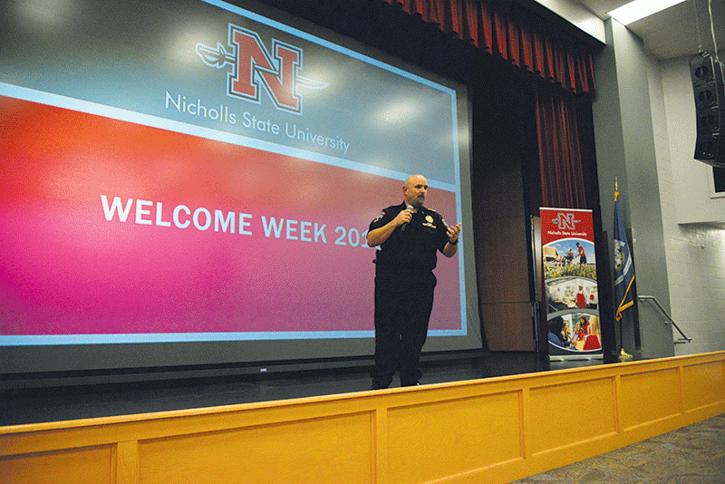 Chief of Police, Craig Jaccuzzo, addresses the Freshmen class about safety on campus at the New Colonel Kick Start  for freshman. Colonel Kick Start was held August 19 in Peltier Auditorium.