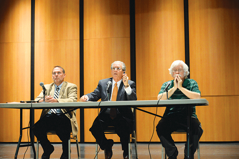 (Left to Right) Dr. Stephen Michot, Judge Jerome Barbera III and Dr. Joseph Thyssel, discuss the Louisiana and United States Constitution on August 20th in Peltier Auditorium.