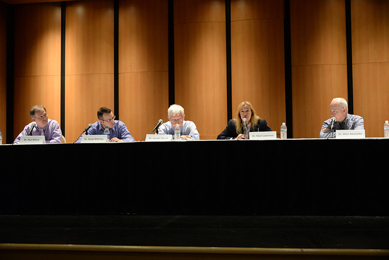 (From left to right) Dr. Paul Wilson, Dr. David Whitney, Dr.Joseph Thysell, Dr. Shari Lawernce, and Dr. Allen Alexander, discuss their opinions on the 2016 Presidential Candidates at Peltier Auditorium on October 18, 2016.