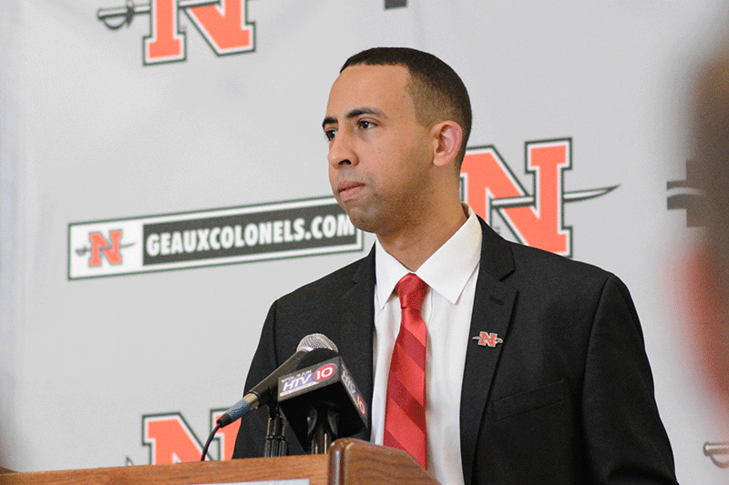Nicholls’ new head basketball coach Richie Riley speaks at a press conference at the Callais Recreation Center April 26, 2016.