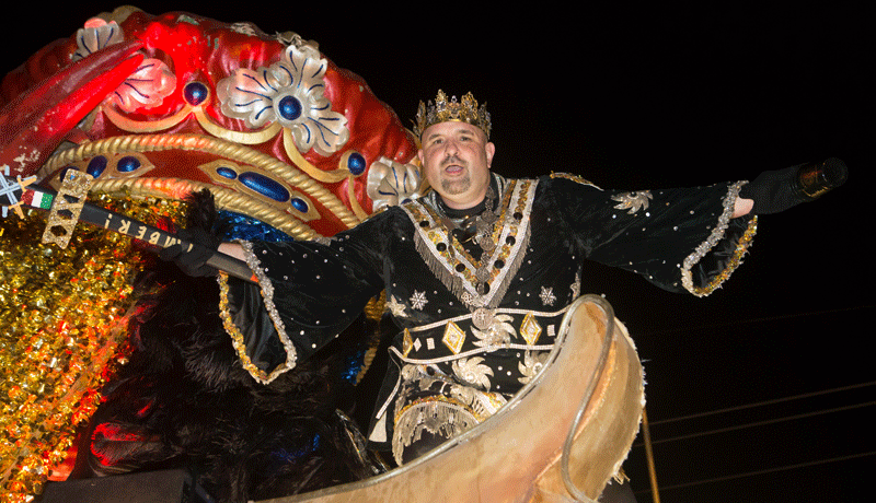King Hercules XXXIII, Craig Jaccuzzo, poses to the camera during the Hercules parade on February 18.